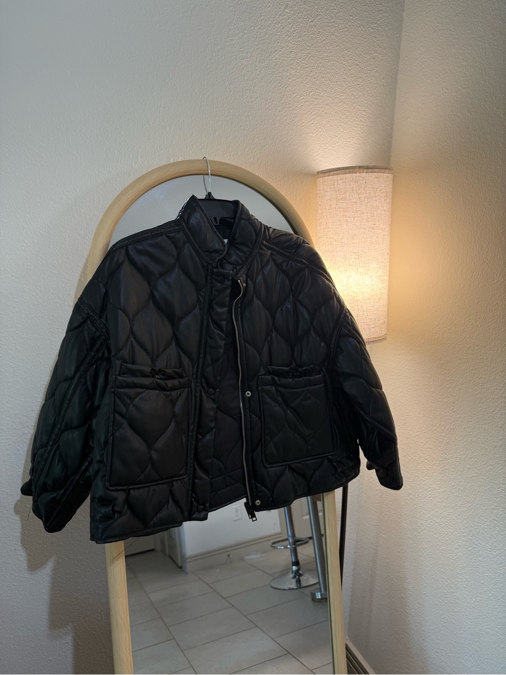 ZARA Black Faux Leather Oversized Quilted Bomber Jacket - Picture 3 of 6